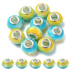Goldenrod Glass European Beads, Large Hole Beads, with Silver Tone Brass Double Cores, Faceted Rondelle, Goldenrod, 14x9mm, Hole: 5mm