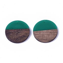 Dark Cyan Resin & Wood Pendants, Flat Round, Dark Cyan, 28.5x3.5~4mm, Hole: 1.5mm