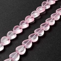 Pink Transparent Glass Beads Strand, Heart, Pink, 9.5~10x10x3.5~4.5mm, Hole: 0.8~1mm, about 35pcs/strand, 13.15~13.31 inch(33.4~33.8cm)