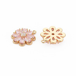 Pink Colgantes de cristal de bronce, sin níquel, real 18 k chapado en oro, flor, rosa, 16x14x3.5 mm, agujero: 1.2 mm