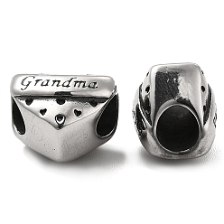 Antique Silver 304 Stainless Steel European Bead, Large Hole Beads, Heart with Word Grandma, Antique Silver, 15x12x11.5mm, Hole: 5.2mm