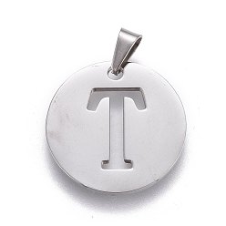 Letter T 201 Stainless Steel Pendants, Flat Round with Letter, Stainless Steel Color, Letter.T, 24.5x19.7x1.3mm, Hole: 4x3mm