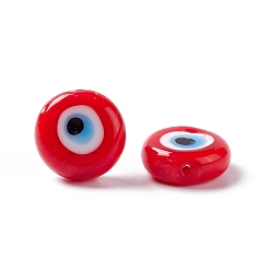 Red Handmade Evil Eye Lampwork Beads, Half Drilled, Flat Round, Red, 12~12.5x5mm, Hole: 1.2mm