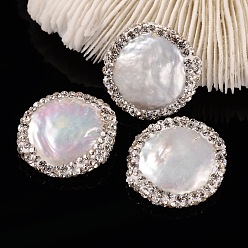 Blanc Floral Perles de culture d'eau douce plates rondes naturelles, avec argile polymère strass, floral blanc, 17~22x5~6mm, Trou: 0.5mm