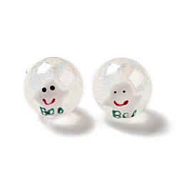 Clear AB Color Transparent Crackle Acrylic Round Beads, Halloween Ghost Beads, with Enamel, Clear, 19.5x20.5mm, Hole: 3mm