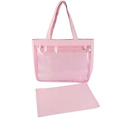 Pearl Pink Canvas Shoulder Bags, Rectangle Women Handbags, with Zipper Lock & Clear PVC Windows, Pearl Pink, 31x37x8cm