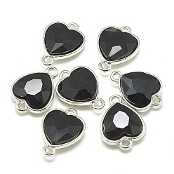Black Alloy Glass Links connectors, Heart, Platinum, Black, 19~20x14~15x6mm, Hole: 2mm
