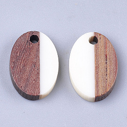 White Resin & Walnut Wood Pendants, Oval, White, 15.5x10.5x3~3.5mm, Hole: 1.8mm