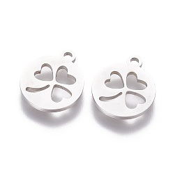 Stainless Steel Color 201 Stainless Steel Charms, Flat Round with Clover, Stainless Steel Color, 14x12x1.2mm, Hole: 1.5mm