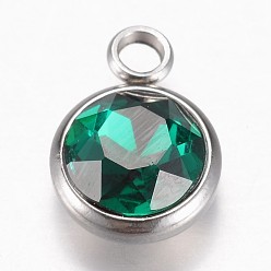Verde Encantos de vidrio, mayo encantos de piedra de nacimiento, facetados, con 304 fornituras de acero inoxidable, plano y redondo, verde, 14x10x6.5 mm, agujero: 2.5 mm