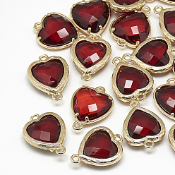 Brique Rouge Connecteurs de liens en verre, avec les accessoires en laiton de tonalité d'or, facette, cœur, firebrick, 15x10x3mm, Trou: 1mm