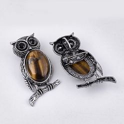 Tiger Eye Natural Tiger Eye Brooches/Pendants, with Rhinestone and Alloy Findings, Owl, Antique Silver, 51x28~29x15~16.5mm, Hole: 4.5x8.5mm, Pin: 0.5mm