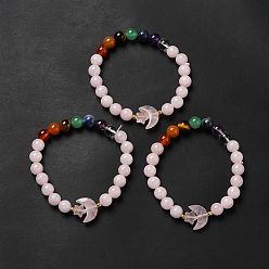 Розовый Кварц Женские браслеты из бисера из натурального розового кварца и смешанных драгоценных камней с луной и звездой, внутренний диаметр: 2 дюйм (5.2 см)