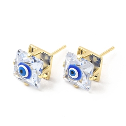 Bleu Boucles d'oreilles carrées en verre avec mauvais œil en émail, bijoux en laiton plaqué or véritable 18k pour femmes, bleu, 9x9mm, pin: 0.7 mm