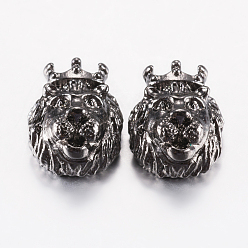 Черный Цвет Металла Сплавочные овальные бусины тибетского стиля , голова льва, металлический черный , 14.5x11.5x7~8 мм, отверстие : 1.5~2 мм