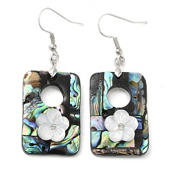 Rectangle Natural Paua Shell & White Shell Flower Dangle Earrings, with Brass Earring Pins, Rectangle, 55.5x20.5mm