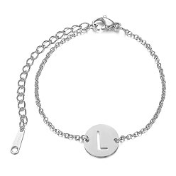 Letter L 201 Stainless Steel Link Bracelets, with Cable Chains and Lobster Claw Clasps, Flat Round with Letter, Letter.L, 6 inch~6-3/4 inch(15~17.5cm), 1.5mm