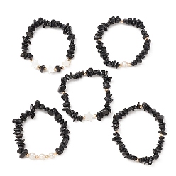 Обсидиан 5шт 5 стиль набор эластичных браслетов из натуральной обсидиановой крошки, штабелируемые браслеты со звездами из натуральной ракушки, внутренний диаметр: 2-1/8 дюйм (5.3 см), 1 шт / стиль