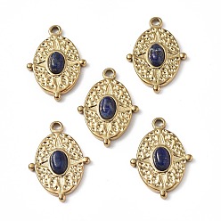 Lapis Lazuli Vacuum Plating 201 Stainless Steel Natural Lapis Lazuli Pendants, Real 18K Gold Plated, Oval Charms, 21x15x4mm, Hole: 1.6mm