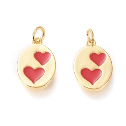 Red Real 18K Gold Plated Brass Charms, with Enamel and Jump Rings, Long-Lasting Plated, Oval with Heart, Red, 15.3x10.3x1.5mm, Jump Ring: 4x0.5mm, 3mm Inner Diameter