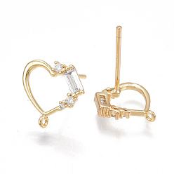 Real 18K Gold Plated Brass Cubic Zirconia Stud Earring Findings, with Loop, Heart, Clear, Nickel Free, Real 18K Gold Plated, 11x11mm, Hole: 0.8mm, Pin: 0.7mm