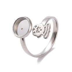 Stainless Steel Color 304 Stainless Steel Open Cuff Ring Findings, Pad Ring Setting, Flat Round and Human, Stainless Steel Color, US Size 7(17.3mm), Tray: 8mm and 8.5x7mm