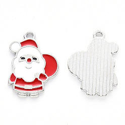 Red Alloy Enamel Pendants, for Christmas, Flat Back, Santa Claus, Platinum, Red, 22x16x1mm, Hole: 1.4mm
