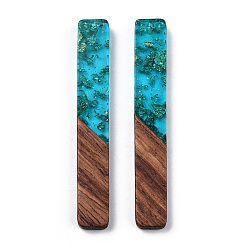 Turquoise Foncé Grands pendentifs en résine transparente et bois de noyer, une feuille d'or, charme rectangle, turquoise foncé, 51.5x7.5x3mm, Trou: 1.8mm