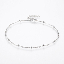 Stainless Steel Color 304 Stainless Steel Anklets, with Lobster Claw Clasps, Round Beads and Cable Chains, Stainless Steel Color, 9 inch(230mm), 2mm