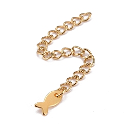 Golden 304 Stainless Steel Chain Extender, Curb Chain, with 202 Stainless Steel Charms, Fish, Golden, 60~65mm, Link: 3.7x3x0.5mm; Fish: 8x3.8x1mm
