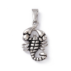 Antique Silver 304 Stainless Steel Pendants, Scorpion Charms, Antique Silver, 33.5x20x5mm, Hole: 4.3x8.5mm