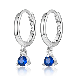 Blue Rhodium Plated Platinum 925 Sterling Silver Hoop Earrings, with Cubic Zirconia Diamond Charms, with S925 Stamp, Blue, 17mm