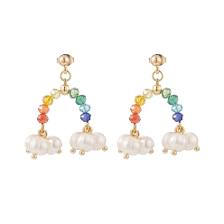 Colorful Natural Pearl & Glass Beaded Rainbow & Cloud Dangle Stud Earrings, Brass Drop Earrings for Women, Colorful, 38mm, Pin: 0.8mm