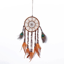 Orange Native Style Bamboo Ring Woven Net/Web with Feather Wall Hanging Decoration, with ABS Beads, for Home Offices Amulet Ornament, Orange, 720x180mm, Pendant: 510mm long