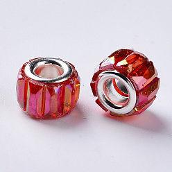 Red Transparent Resin European Beads, Large Hole Beads, with Silver Color Plated Double Brass Cores, Faceted, AB Color Plated, Column, Red, 11.5x8mm, Hole: 5mm
