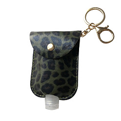 Dark Olive Green Plastic Hand Sanitizer Bottle with PU Leather Cover, Portable Travel Squeeze Bottle Keychain Holder, Leopard Print Pattern, Dark Olive Green, 100x70mm