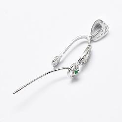 Platinum Rhodium Plated 925 Sterling Silver Micro Pave Cubic Zirconia Pendant Bails, Ice Pick & Pinch Bails, Platinum, 16.5x4.5x21mm, Hole: 3x5mm, pin: 0.7mm