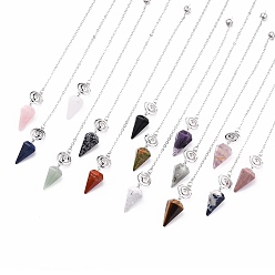 Mixed Stone Natural & Synthetic Mixed Gemstone Hexagonal Pointed Dowsing Pendulums, with Platinum Plated Brass Findings, Vortex & Cone, 240x2x0.1mm, Hole: 2mm