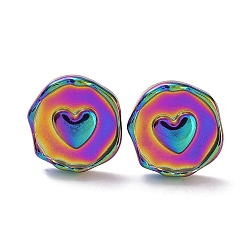 Rainbow Color Ионное покрытие (IP) 304 плоские круглые серьги из нержавеющей стали с серьгами-сердцами для женщин, Радуга цветов, 13x12.5 мм