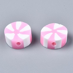 Pearl Pink Handmade Polymer Clay Beads, Flat Round, Pearl Pink, 9~10x4mm, Hole: 1.6mm