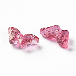 Cerise Transparent Spray Painted Glass Beads, with Glitter Powder, Butterfly, Cerise, 8x15x4.5mm, Hole: 1mm