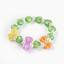 Green Acrylic Beads Kids Stretch Bracelets, Bowknot & Heart & Round, Green, 1-5/8 inch(4.3cm)