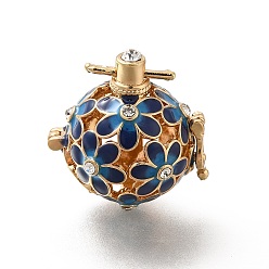 Prussian Blue Alloy Crystal Rhinestone Bead Cage Pendants, Hollow Flower Charm, with Enamel, for Chime Ball Pendant Necklaces Making, Golden, Prussian Blue, 34mm, Hole: 6x3mm, Bead Cage: 26x25x21mm, 18mm Inner Size