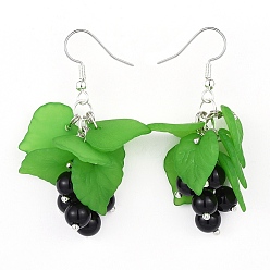 Green Acrylic Dangle Earrings, with Natural Black Agate and Brass Earring Hooks, Green, 45~47mm, Pin: 0.6mm
