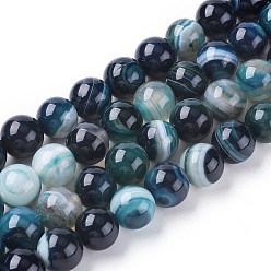 Dark Cyan Natural Striped Agate/Banded Agate Beads Strands, Dyed & Heated, Round, Dark Cyan, 10mm, Hole: 1.2mm, about 37pcs/strand, 14.65 inch(37.2cm)