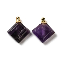 Amethyst Natural Amethyst Perfume Bottle Pendants, Faceted Rhombus Charms with Golden Tone 304 Stainless Steel Findings, 31x27~27.5x8.5~10mm, Hole: 2mm