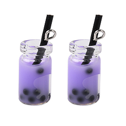 Lila Pendientes de la botella de cristal, con resina en el interior, Té de burbujas de imitación/té de leche boba, lila, 27x12x10 mm, agujero: 1.8 mm