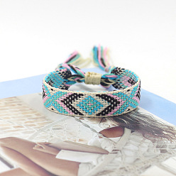 Light Sky Blue Polyester Braided Rhombus Pattern Cord Bracelet, Ethnic Tribal Adjustable Brazilian Bracelet for Women, Light Sky Blue, 5-7/8 inch(15cm)