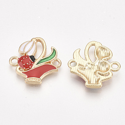 Red Alloy Links connectors, with Enamel, Flower with Ladybird, Golden, Red, 18x18x2mm, Hole: 1.8mm