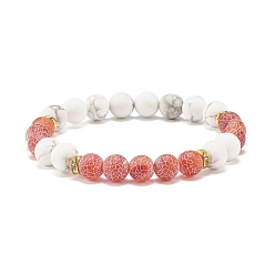 Rouge Indien Bracelet extensible à perles rondes en agate patinée naturelle (teinte) et howlite, bijoux en pierres précieuses pour femmes, rouge indien, diamètre intérieur: 2-1/4 pouce (5.6 cm)